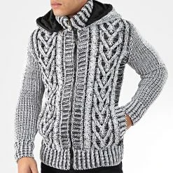 Promo ⌛ Gilet Zippé Capuche 1016 Blanc Noir de Classic Series 🤩 -Classic Series Soldes classic series 204566 1016 BLACK GREY 20191122T112609 03