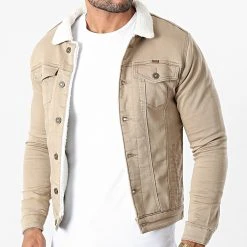 Remise ⭐ Veste Jean Super Skinny Fit Col Mouton 7001 Camel Clair de Classic Series 👏