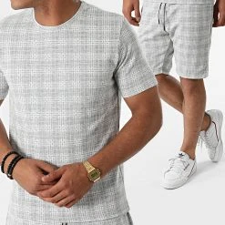 Vente flash ✨ Ensemble Tee 🤩 Shirt Short A Carreaux 156T Gris de Classic Series ❤️