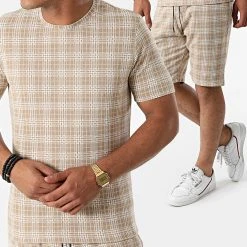 Meilleure vente 👍 Ensemble Tee Shirt Short A Carreaux 156T Beige de Classic Series 🔥