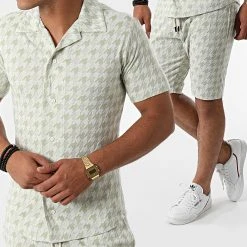 Grosses soldes ❤️ Ensemble Chemise Manches Courtes Short G21-155T Blanc Vert Clair de Classic Series 💯