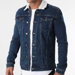Promo ❤️ Veste Jean Col Mouton Kash Teddy DP3010 Bleu Denim de Classic Series ⭐ -Classic Series Soldes classic series 281291 DP3010 043 20210827T155049 03