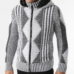 Budget 🤩 Gilet Zippé Capuche 1021 Blanc Noir Chiné de Classic Series ✔️