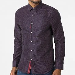 Grosses soldes 👏 Chemise A Manches Longues Slim5024 Bleu Marine Rouge de Classic Series 👏