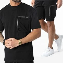 De gros 🎁 Ensemble Tee Shirt A Poche Poitrine Et Short Jogging G22-632 Noir de Classic Series ⭐