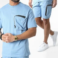 Budget ⌛ Ensemble Tee 🛒 Shirt A Poche Poitrine Et Short Jogging G22-632 Bleu Clair de Classic Series 🔥