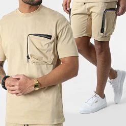 Grosses soldes 🔥 Ensemble Tee Shirt A Poche Poitrine Et Short Jogging G22-632 Beige de Classic Series ❤️