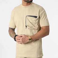Grosses soldes 🔥 Ensemble Tee Shirt A Poche Poitrine Et Short Jogging G22-632 Beige de Classic Series ❤️ -Classic Series Soldes classic series 308431 G22 632T BEJ 20220310T155127 03