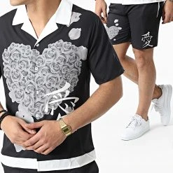 Le moins cher 🧨 Ensemble Chemise Manches Courtes Et Short CH003 Noir Floral de Classic Series 👍