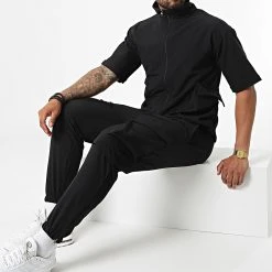 Budget ✨ Ensemble Tee ⌛ Shirt Zippé Jogger Pant F22-911T Noir de Classic Series ❤️