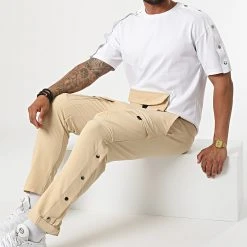 De gros ⌛ Ensemble Tee 😉 Shirt Pantalon Cargo F22-907T Beige Blanc de Classic Series 🧨