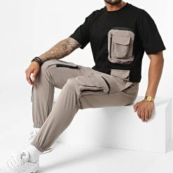 Nouveau ⭐ Ensemble Tee 💯 Shirt Poche Et Pantalon Jogging F22-908T Noir Gris de Classic Series ❤️