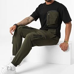 Tout neuf 🌟 Ensemble Tee Shirt Poche Et Pantalon Jogging F22-908T Noir Vert Kaki de Classic Series 🔥