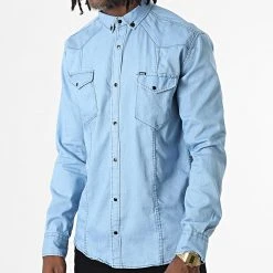 Meilleur prix ⭐ Chemise Jean Manches Longues Col Mao W-324 Bleu Denim Clair de Classic Series 👍 -Classic Series Soldes classic series 325981 W 324 BLUE JEANS CLAIR 20220701T150512 03