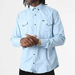 Grosses soldes 🔥 Chemise Manches Longues Col Mao W-324 Bleu Clair de Classic Series ❤️
