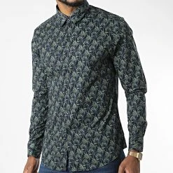 Meilleure vente ❤️ Chemise Manches Longues 7712 Bleu Marine Vert Floral de Classic Series 😍