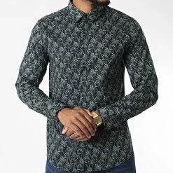 Meilleure vente ❤️ Chemise Manches Longues 7712 Bleu Marine Vert Floral de Classic Series 😍 -Classic Series Soldes classic series 328432 7712SOS BLUE 20220720T152117 03