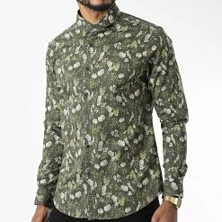 De gros ✔️ Chemise Manches Longues 7711 Vert Kaki Floral de Classic Series ⭐