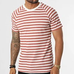 Budget ✔️ Tee Shirt A Rayures LM283 Rouge Brique Blanc de Classic Series ⭐