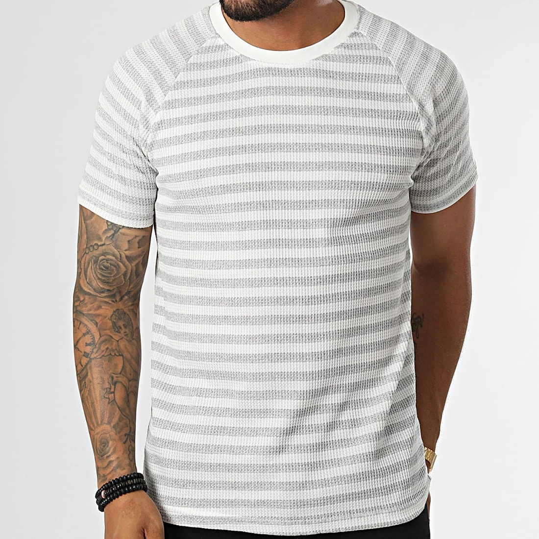 Grosses soldes ✨ Tee 🧨 Shirt A Rayures LM283 Gris Blanc de Classic Series ✨ 5 Grosses soldes ✨ Tee 🧨 Shirt A Rayures LM283 Gris Blanc de Classic Series ✨ – Image 3