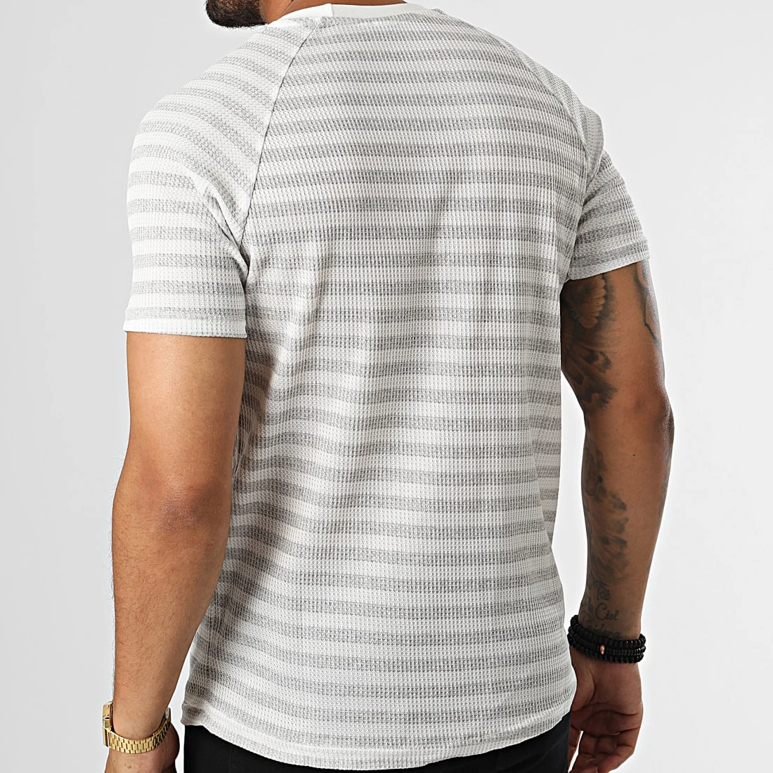 Grosses soldes ✨ Tee 🧨 Shirt A Rayures LM283 Gris Blanc de Classic Series ✨ 6 Grosses soldes ✨ Tee 🧨 Shirt A Rayures LM283 Gris Blanc de Classic Series ✨ – Image 4