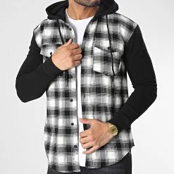 Sortie ❤️ Surchemise Capuche A Carreaux 10022 Blanc Noir de Classic Series 👍