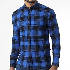 Budget 🤩 Chemise Manches Longues DP4003 Carreaux Bleu Roi Noir de Classic Series 😀