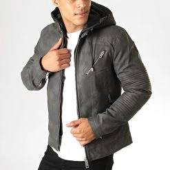 Meilleur prix 🌟 Veste Biker Capuche 79719 Gris Anthracite Noir de Classic Series 🧨